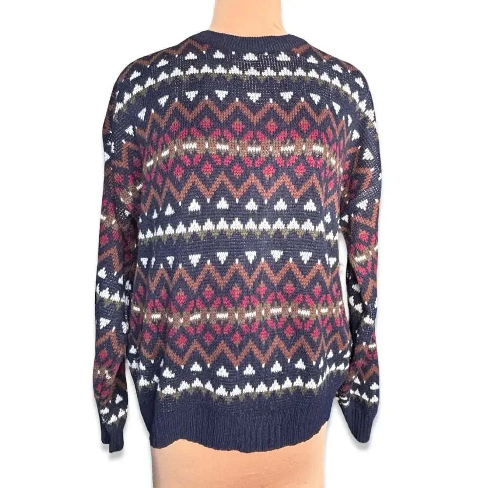 Vintage 90s Navy Blue Burgundy Fair Isle Knit Crewneck Sweater Mens XXL Cozy